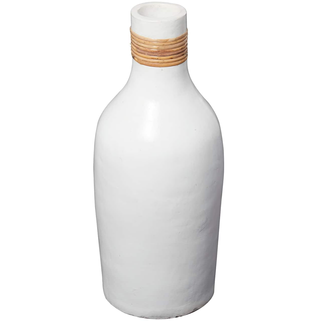 20" White Ceramic Vase with Wrapped Rattan Detailing